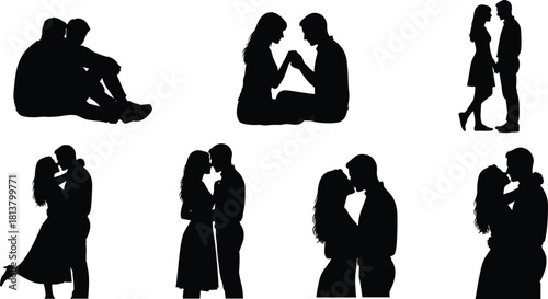 Collection of romantic couple silhouettes showing deep intimacy, sitting, standing, embracing, kissing, and expressing passionate affection for dating, love, and relationship themes.