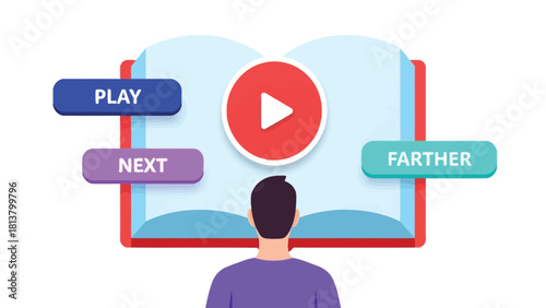 E-Learning Video Tutorial Concept with Open Book, Play Button, and User Interface Buttons