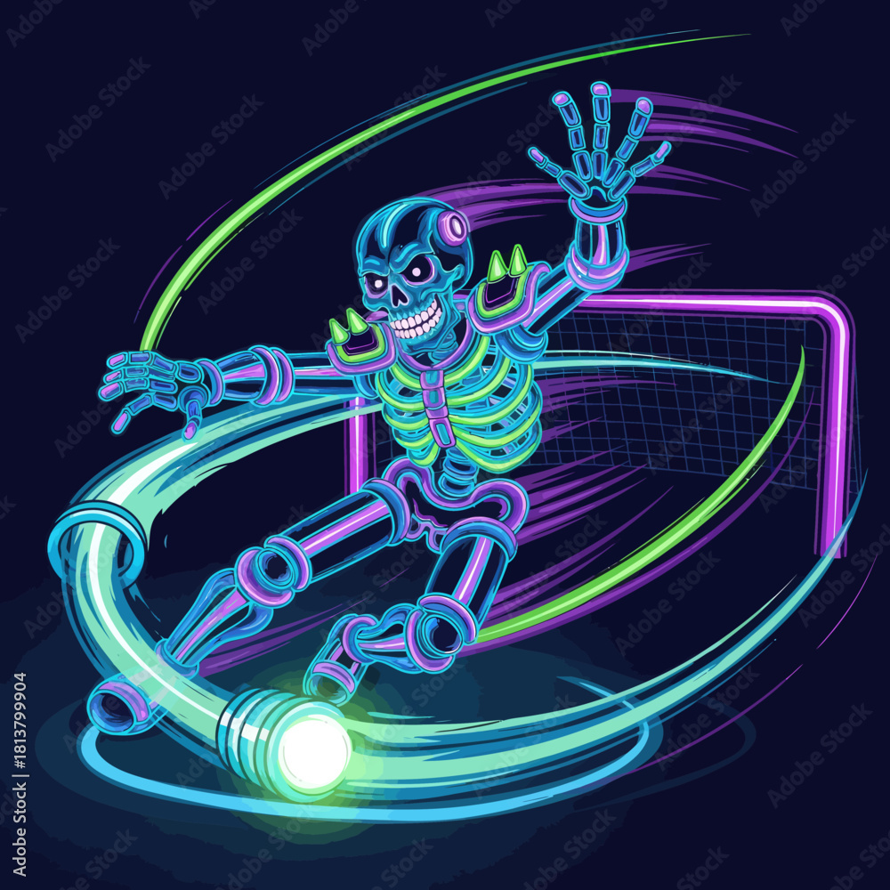Obraz premium Neon Skeleton Playing Hockey with Glowing Puck and Goal.