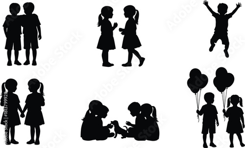 Set of happy children silhouettes showing friendship, interaction, holding hands, embracing, jumping, and playing with balloons and a puppy in different cheerful activities.