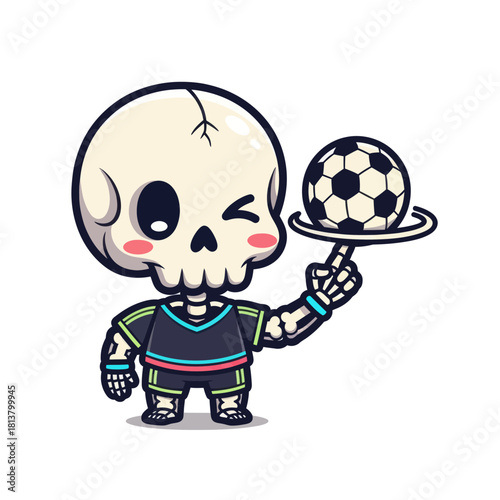 Cute cartoon skeleton character winking and balancing a soccer ball.