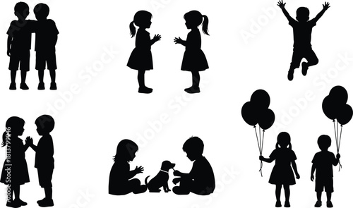 Collection of children and puppy silhouettes playing, interacting, embracing, jumping, celebrating with balloons, and showing happy, friendly, cooperative childhood moments together