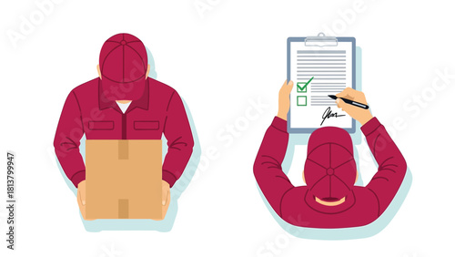 Delivery Service Worker Holding Package and Signing Confirmation Document on Clipboard