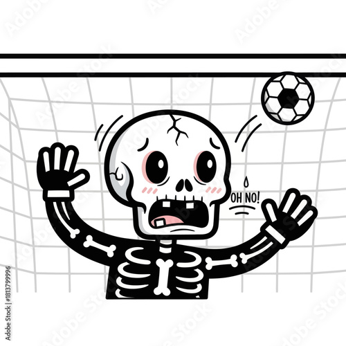 Funny cartoon skeleton goalkeeper failing to save a soccer goal.
