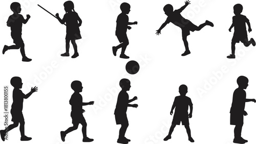 Kids Children Silhouettes Playing Running Kicking Throwing Ball Outdoors Active Childhood Black Vector Collection Fun Set Isolated White Background Playground Games