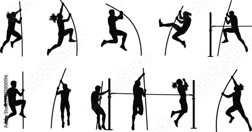 Pole Vaulting Athletics Sport Silhouette Set: Dynamic Black Vector Figures of Male and Female Athletes Jumping Over Bar, Competitive Track and Field Training Icon Collection