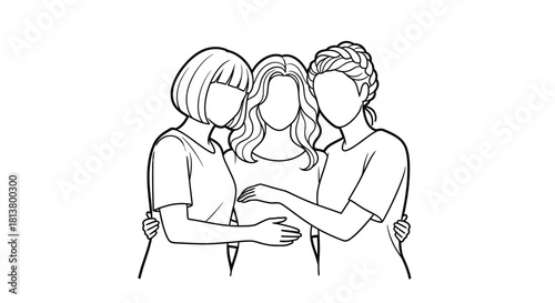 Three women embracing in a simple black and white line drawing illustration