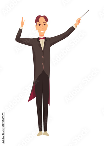 A young music conductor waving a conductor's baton. Vector illustration in flat cartoon style