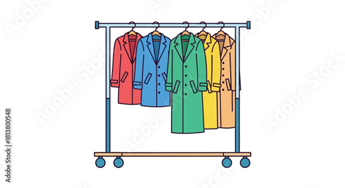 Colorful coats hanging on a clothing rack simple illustration style