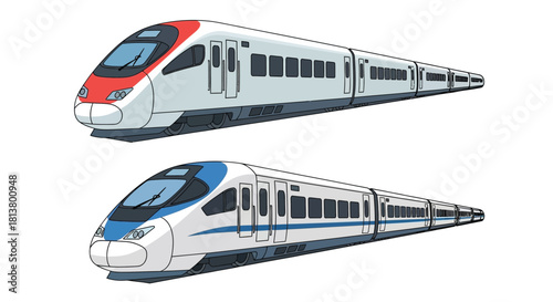 Illustration of two modern high speed passenger trains one red and one blue