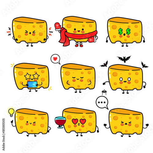 Cute cheese character expressing multiple emotions and concepts