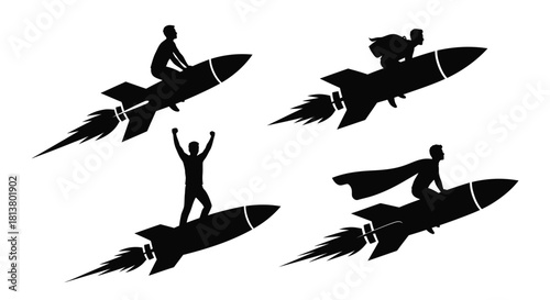 People riding missiles and a flying figure in a dynamic illustration