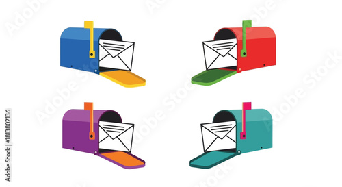 Colorful mailboxes with open doors and envelopes inside isolated on white