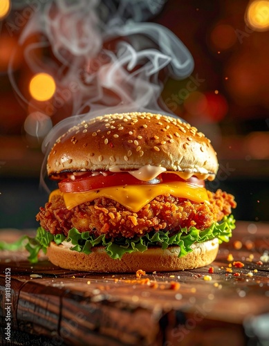 hamburger on a wooden table
