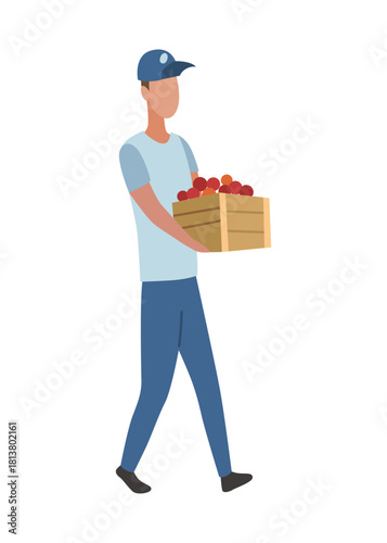 A pixel art illustration of a man carrying a basket of apples