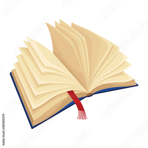 Old open book with empty page. Wisdom or education concept. Vintage library design element. Ancient writing stationery symbol for poetry work or education