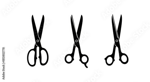 Scissors Silhouette Vector Illustration Showing Open, Half‑Open, and Closed Positions in Minimal Tool Design Style

