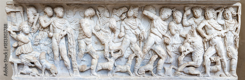 Tableau sur toile SALERNO, ITALY - OCTOBER 6, 2025: The relief on the ancient roman sarcophagus (r