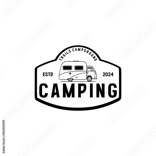 A collection of campground logos blending classic badge elements and camper illustrations, capturing the spirit of travel and exploration.