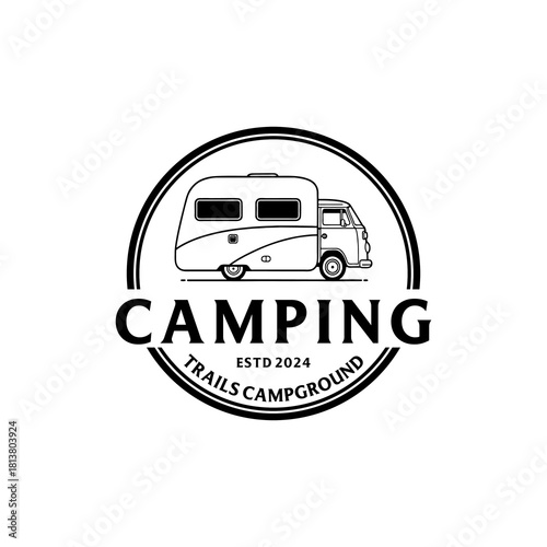 A collection of campground logos blending classic badge elements and camper illustrations, capturing the spirit of travel and exploration.