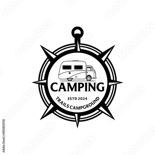 A collection of campground logos blending classic badge elements and camper illustrations, capturing the spirit of travel and exploration.