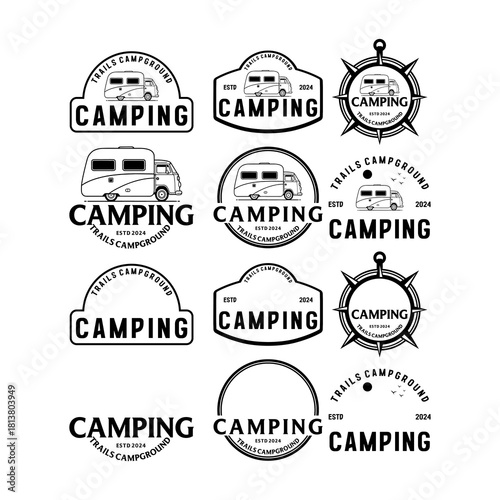 A collection of campground logos blending classic badge elements and camper illustrations, capturing the spirit of travel and exploration.