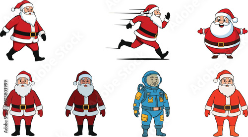 Santa Claus characters in various styles, running, walking, cartoon, vector illustration set, holiday artwork, Christmas design elements, festive collection
