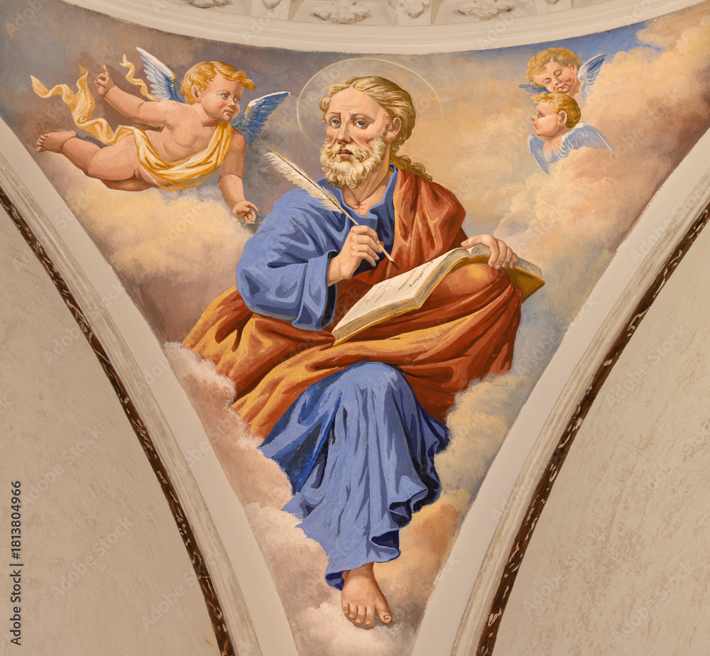 Obraz premium PRAIANO, ITALY - OCTOBER 6, 2025: The fresco of St. Matthew the Evanglist in the side cupola of church Chiesa di san Gennaro by unknown artist of 20. cent.