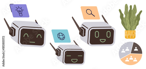 Cute AI robots displaying tasks including innovation, research, and networking with icons for ideas, searching, and connection. Ideal for technology, teamwork, automation, innovation research