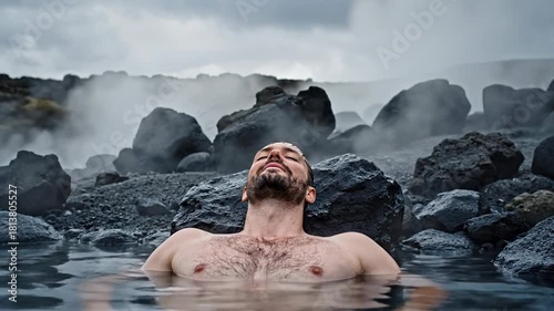 Man relaxing in hot spring, serene geothermal landscape, peaceful escape in volcanic terrain, rejuvenating natural spa experience, mindfulness and tranquility
