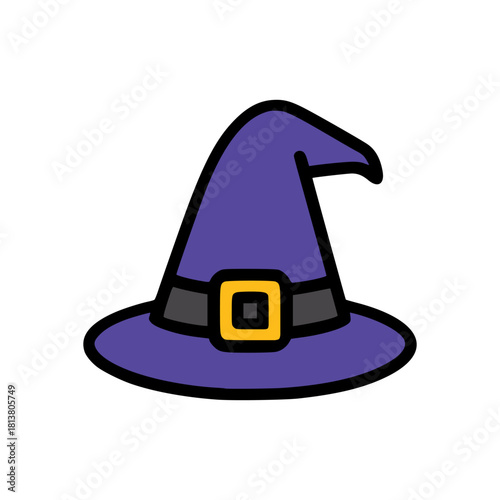 Cute magical purple wizard hat with curved tip, bright yellow buckle, dark strap, and simple flat cartoon style