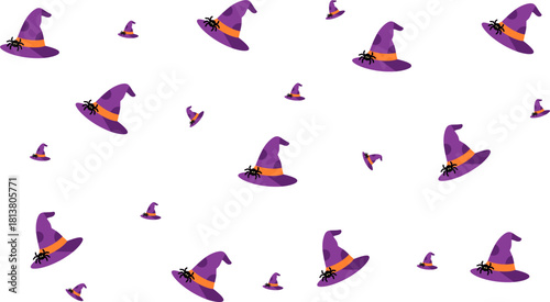Seamless pattern of purple witch hats with orange bands and cute black spiders on clean white background
