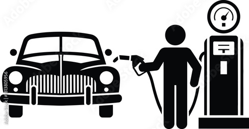 Man Pumping Gas into Classic Car at Fuel Station Silhouette