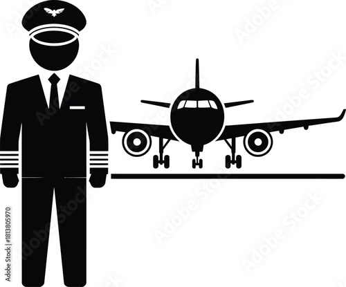 Airline Pilot Standing with Commercial Airplane Silhouette