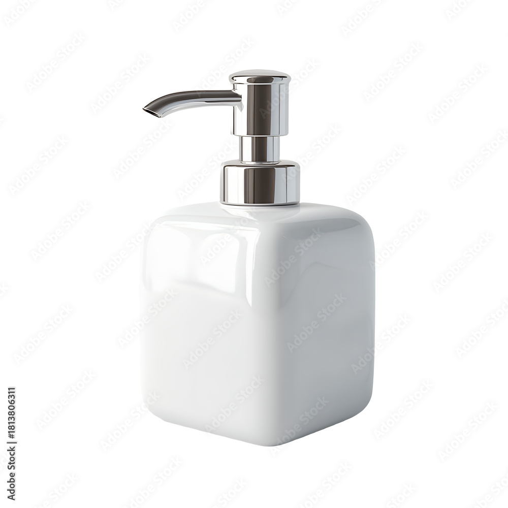 Fototapeta premium Modern minimalist square white soap dispenser bottle with chrome pump isolated on white background