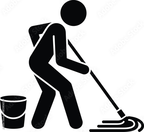 Stick Figure Mopping Floor with Bucket Cleaning Icon
