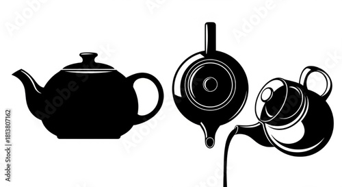 Teapot Silhouette Vector Showing Perspective Variations — Side View, Top View, Pouring Angle

