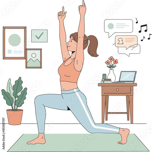 Woman practicing yoga in a living room with music playing and plants nearby