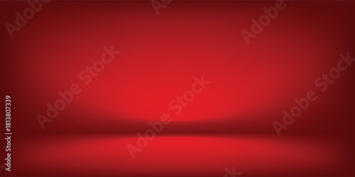 Red studio background. Abstract limbo podium studio room. Dark red gradient wall floor and spotlight scene.