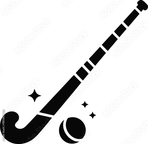Black silhouette field hockey stick and ball equipment icon with graphic sparkle effect