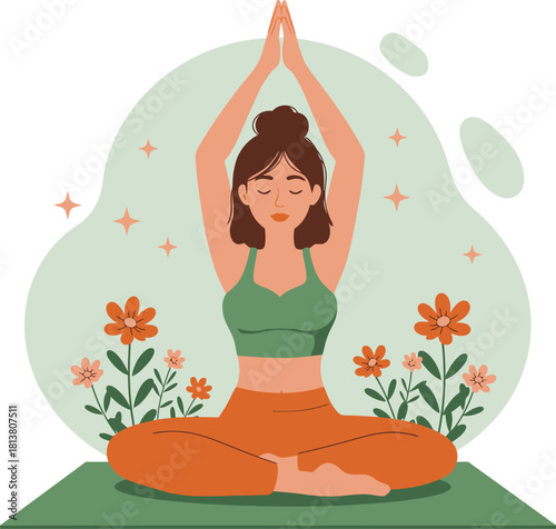 Young woman meditating in a peaceful garden surrounded by blooming flowers and nature elements