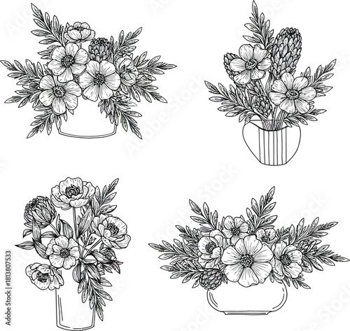 Four hand drawn outline floral arrangements in vases botanical illustration