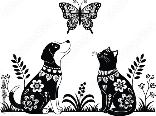 Whimsical black and white illustration of a dog and cat looking up at a butterfly surrounded by foliage