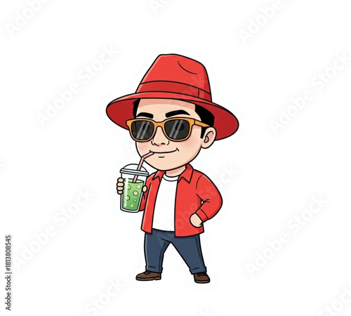 Stylish Kid with Hat and Sunglasses Holding Green Drink Illustration
