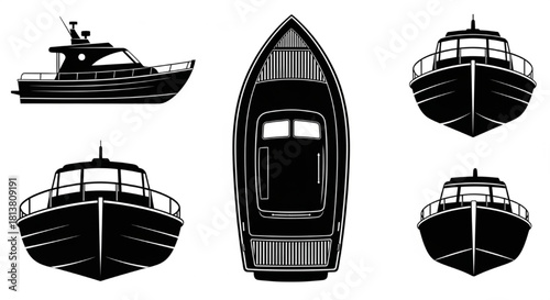 Boat Silhouette Vector Illustration Showing Side, Top, and Front Views in Minimal Marine Design Style

