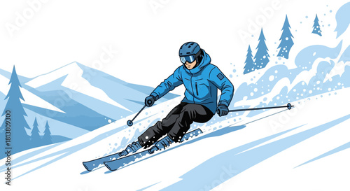 Skier in blue jacket swiftly descending a snowy mountain slope with trees, showcasing winter sports action and adventure.