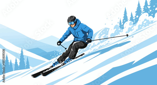 Dynamic skier in blue jacket descending snowy mountain slope with speed and precision, winter sport illustration