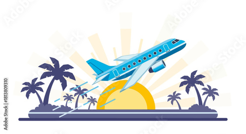 Tropical travel airplane takeoff over palm trees with vibrant sunset or sunrise vector illustration concept.