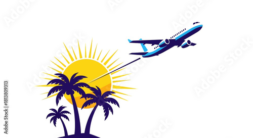 Airplane flying above tropical palm trees and bright sun for summer travel vacation getaway illustration design