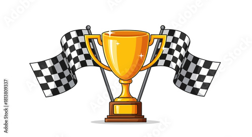 Shiny golden championship trophy cup with two waving checkered racing flags celebrating victory achievement
